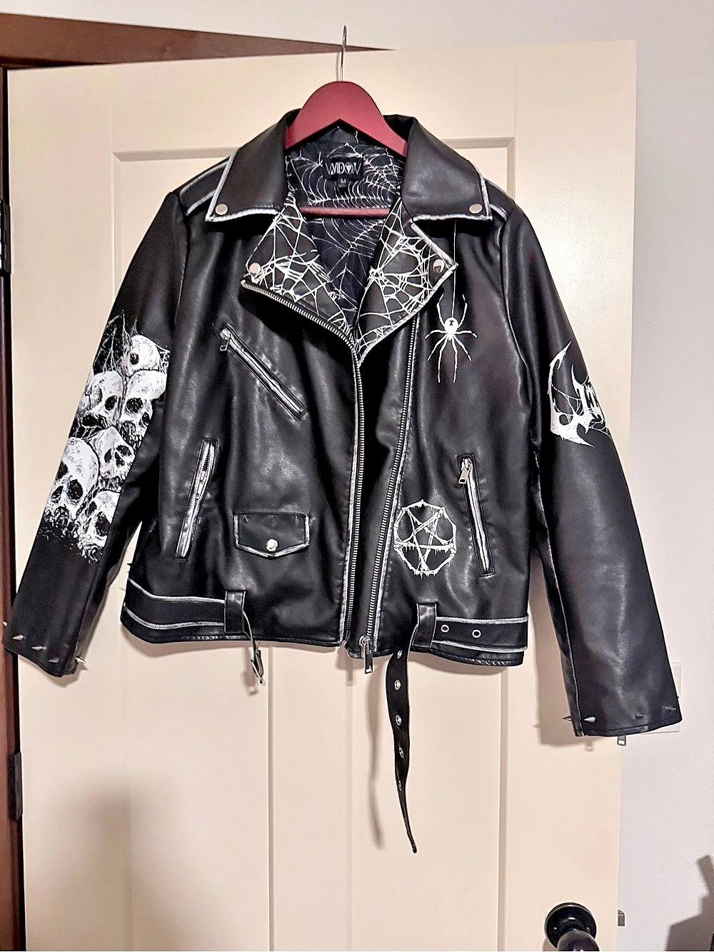 WIDOW by Dolls Kill Black & White Graphic Moto Jacket Size Medium, flawed